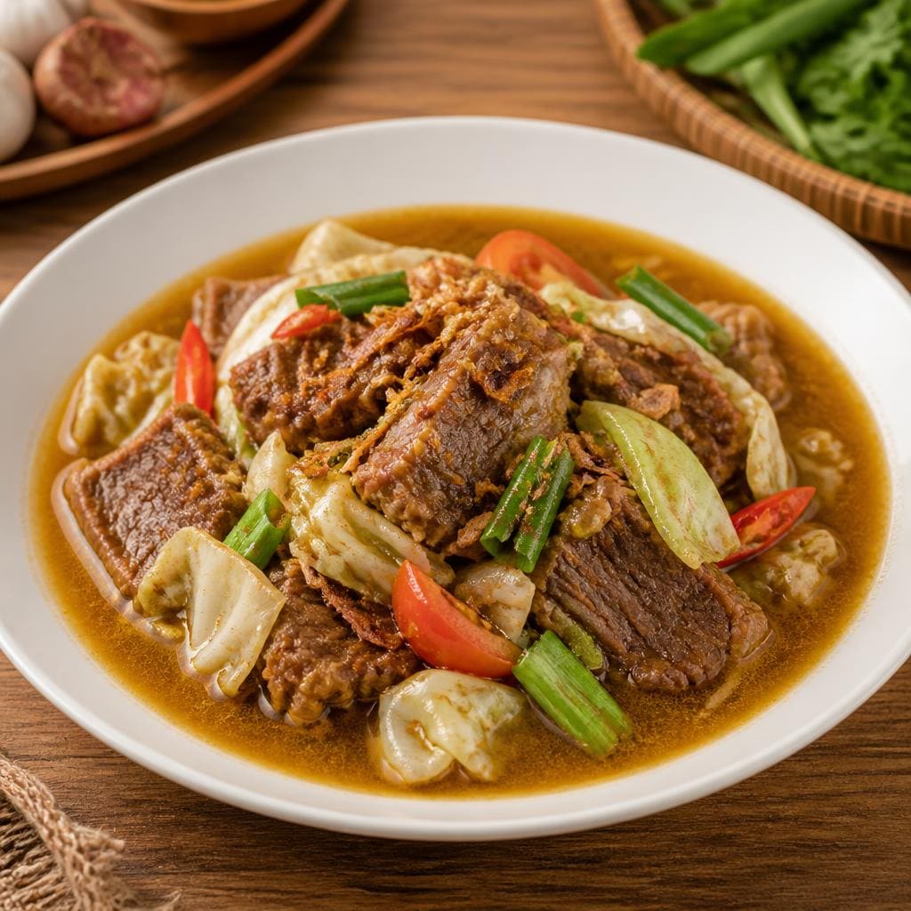 Tongseng Sengkel Te Sate dengan kuah berbumbu dan daging sengkel empuk